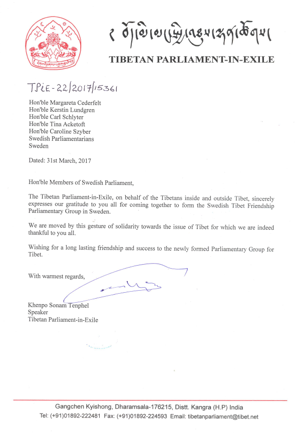 Appreciation Letter To Swedish Parliamentarian – Tibetan Parliament-in ...